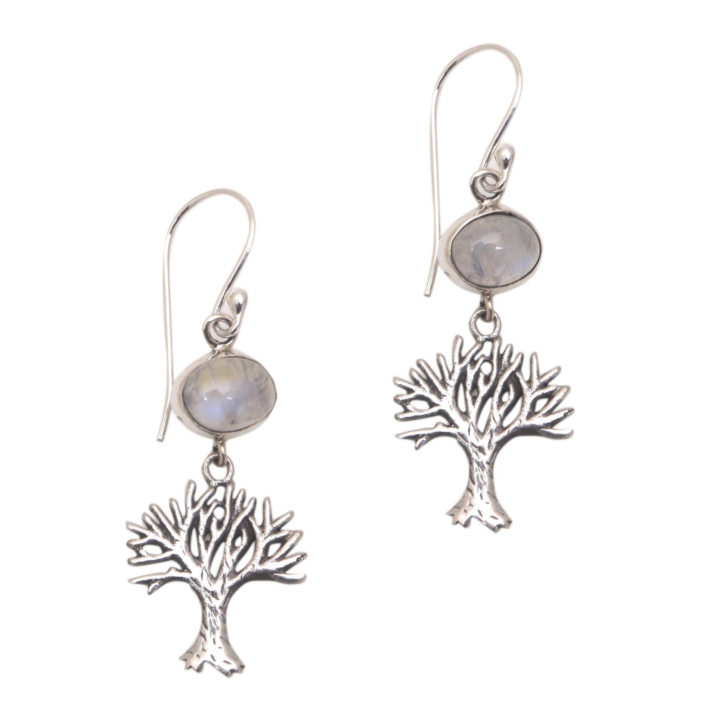 Enlightenment Tree Rainbow Moonstone Tree Dangle Earrings from Bali