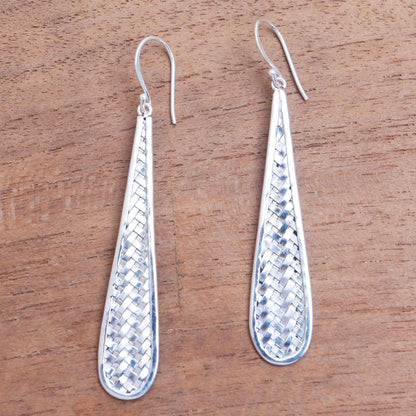 Teardrop Weave Weave Motif Sterling Silver Dangle Earrings from Bali