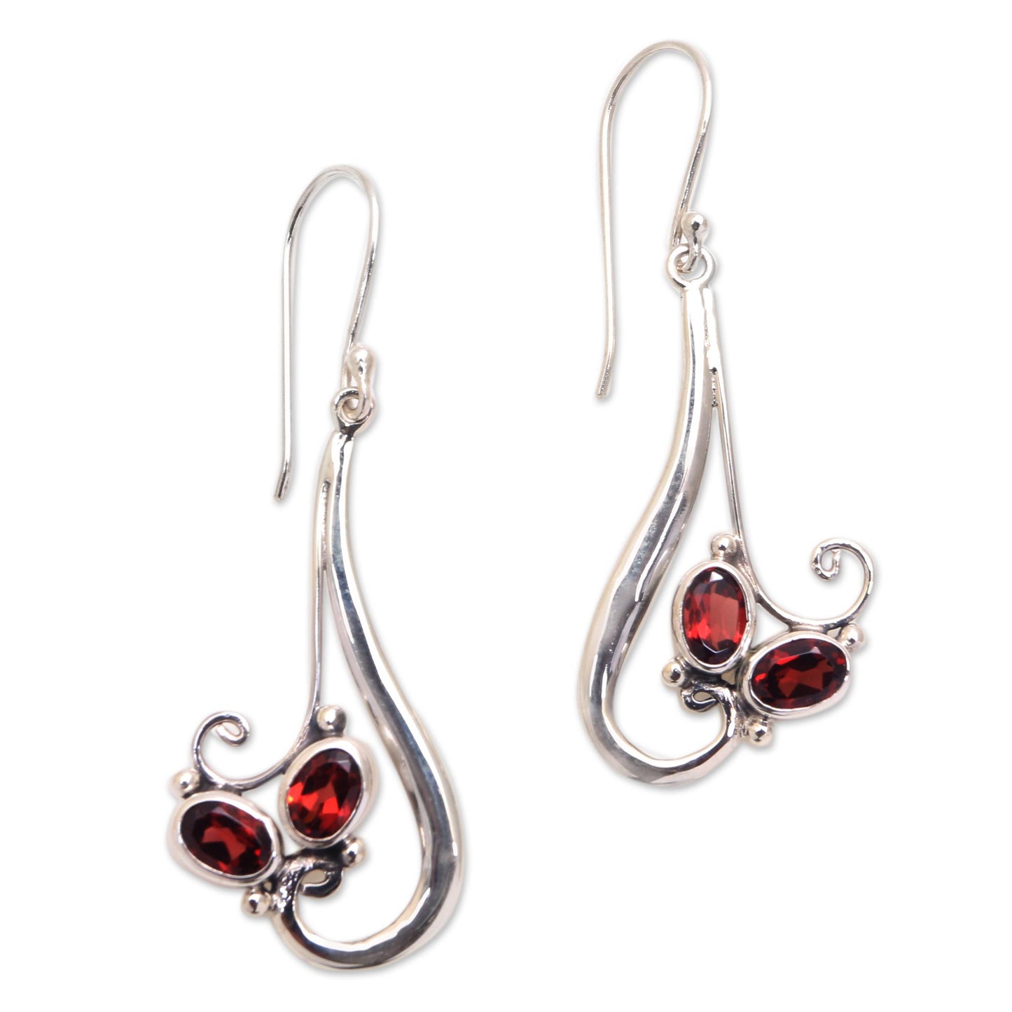 Red Tendrils Tendril Motif Garnet Dangle Earrings from Bali