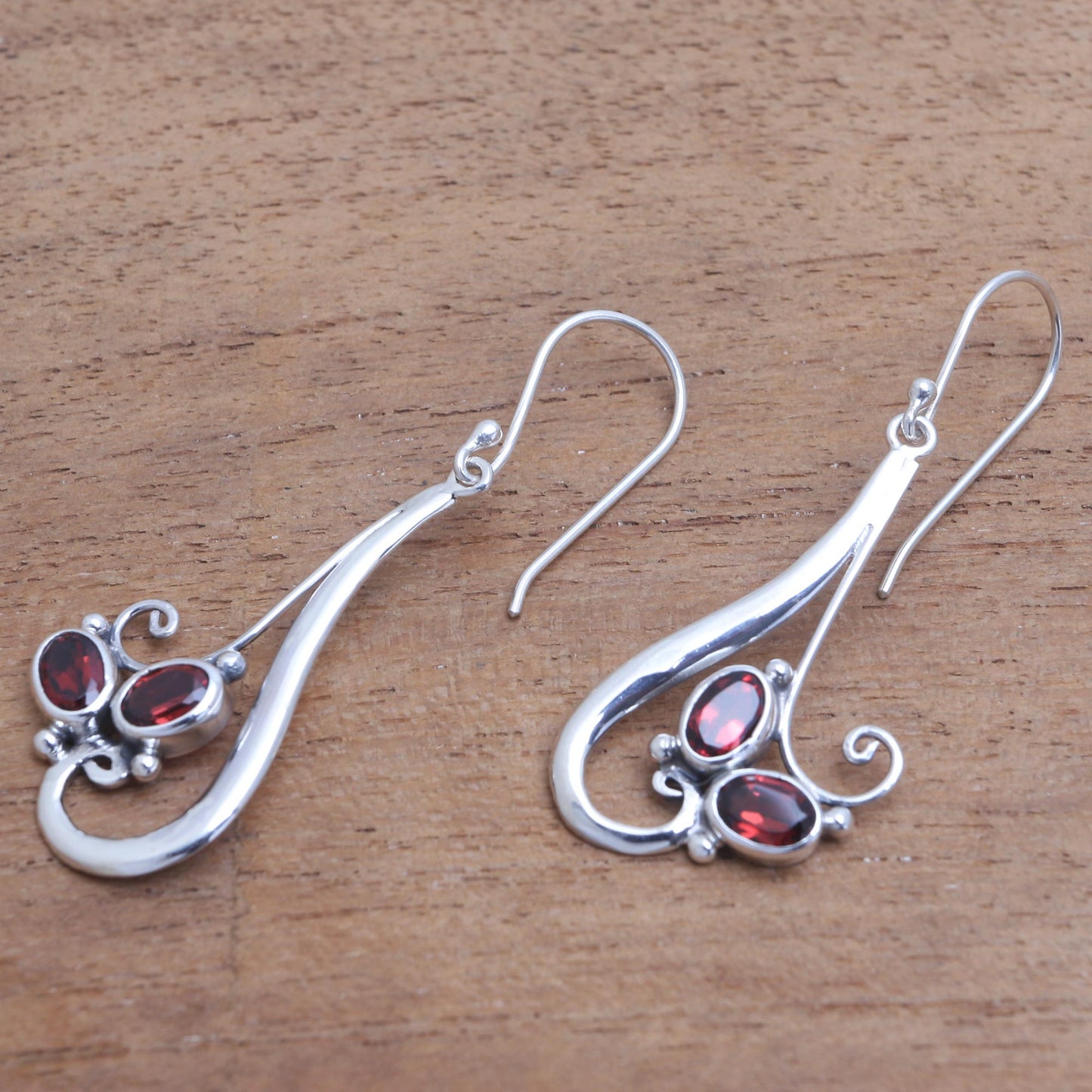 Red Tendrils Tendril Motif Garnet Dangle Earrings from Bali