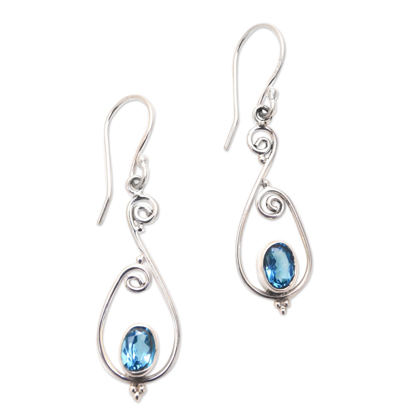 Tegalalang Elegance Spiral Pattern Blue Topaz Dangle Earrings from Bali