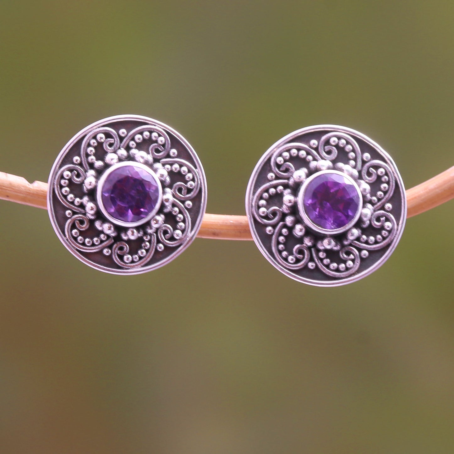 Glistening Swirl Sparkling Amethyst Stud Earrings from Bali