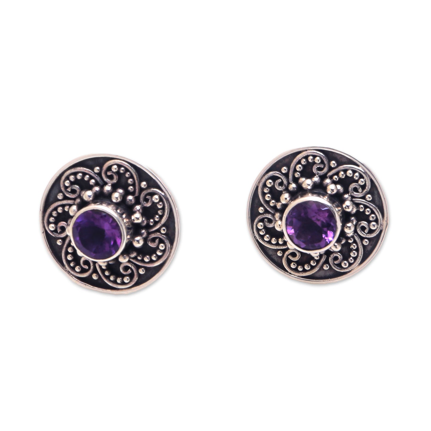 Glistening Swirl Sparkling Amethyst Stud Earrings from Bali