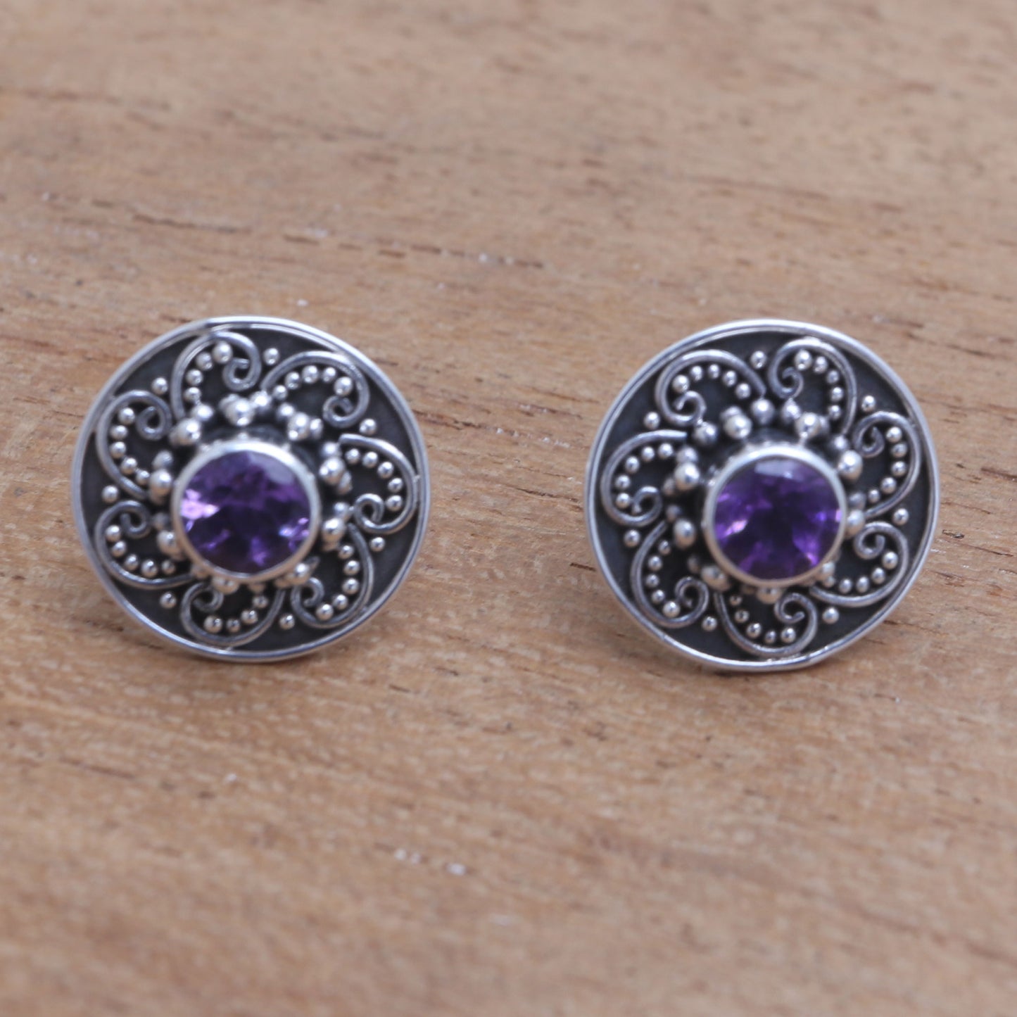 Glistening Swirl Sparkling Amethyst Stud Earrings from Bali