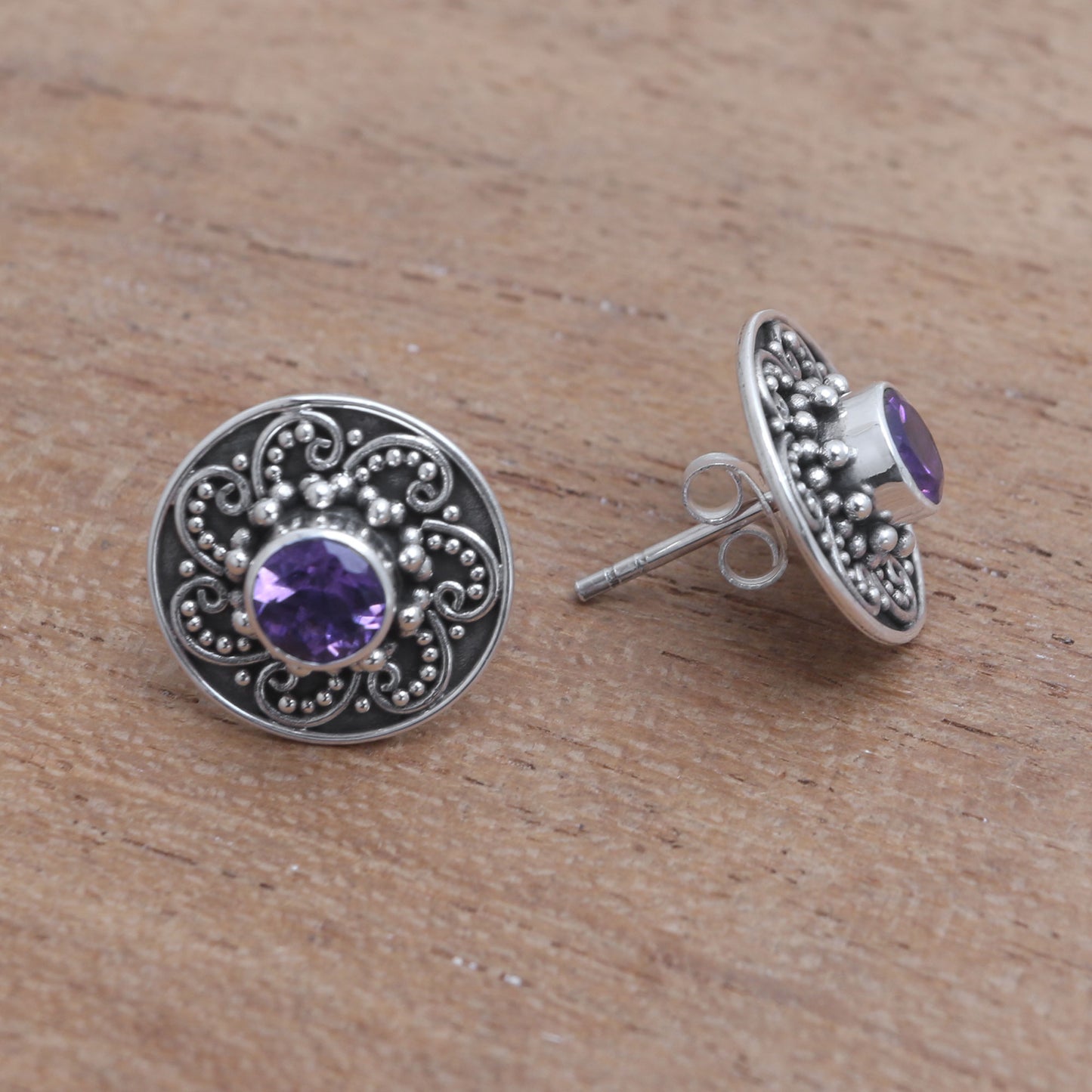 Glistening Swirl Sparkling Amethyst Stud Earrings from Bali