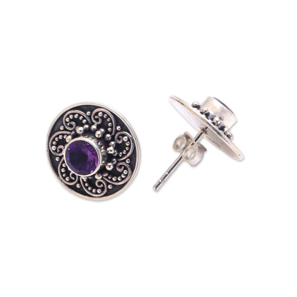 Glistening Swirl Sparkling Amethyst Stud Earrings from Bali