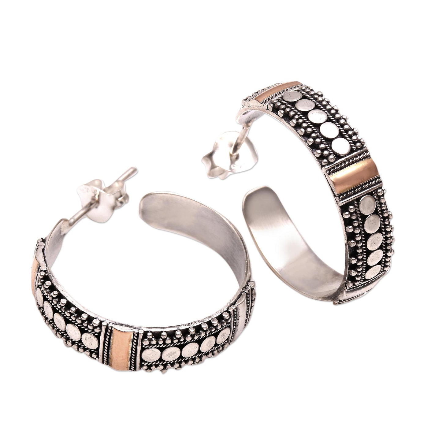 Bun Loops Bun Pattern Gold Accented Sterling Silver Half-Hoop Earrings