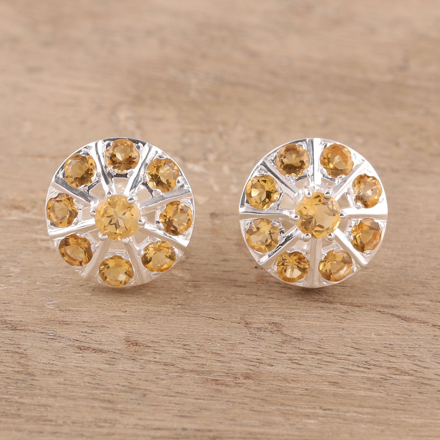 Glittering Shields Citrine Button Earrings Crafted in India