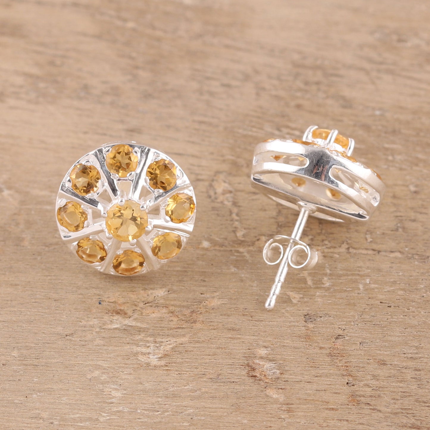 Glittering Shields Citrine Button Earrings Crafted in India