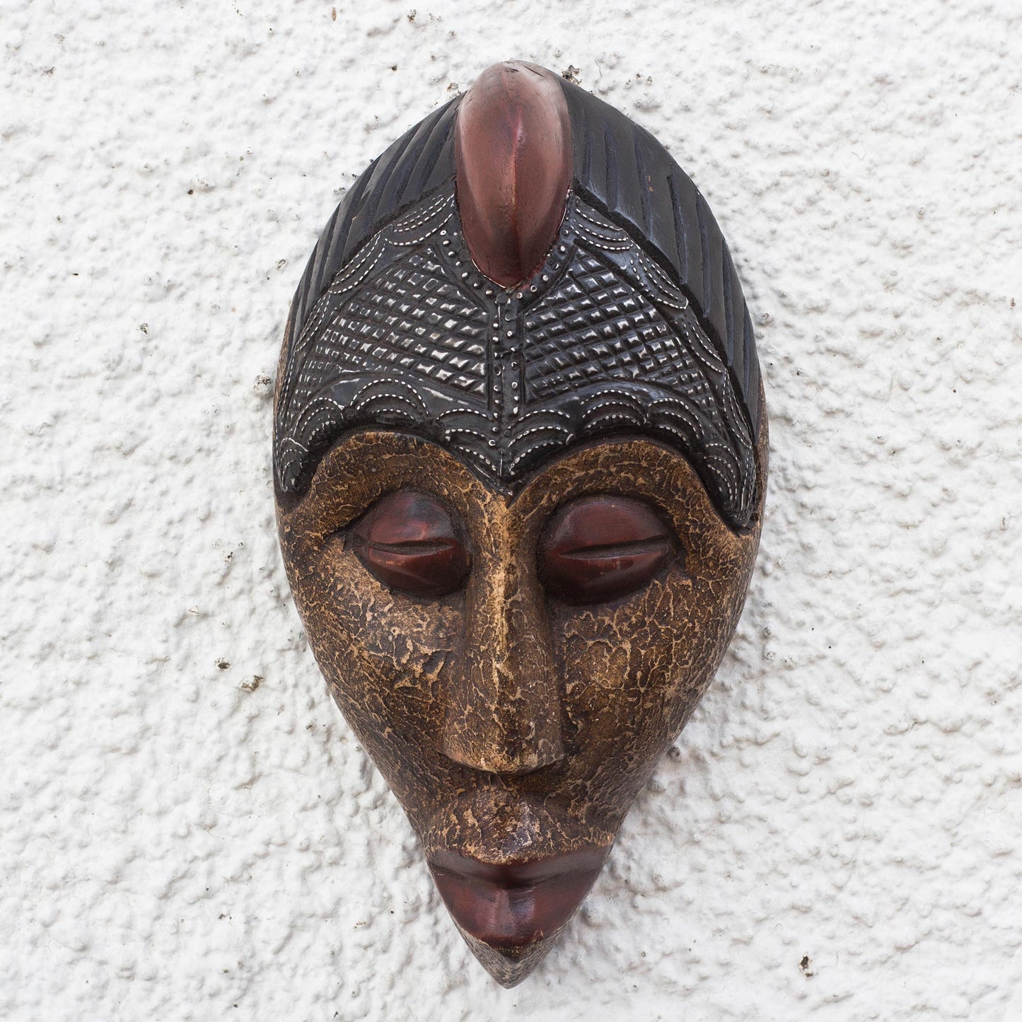 Gleaming Face Brass and Aluminum Accented African Wood Mask from Ghana