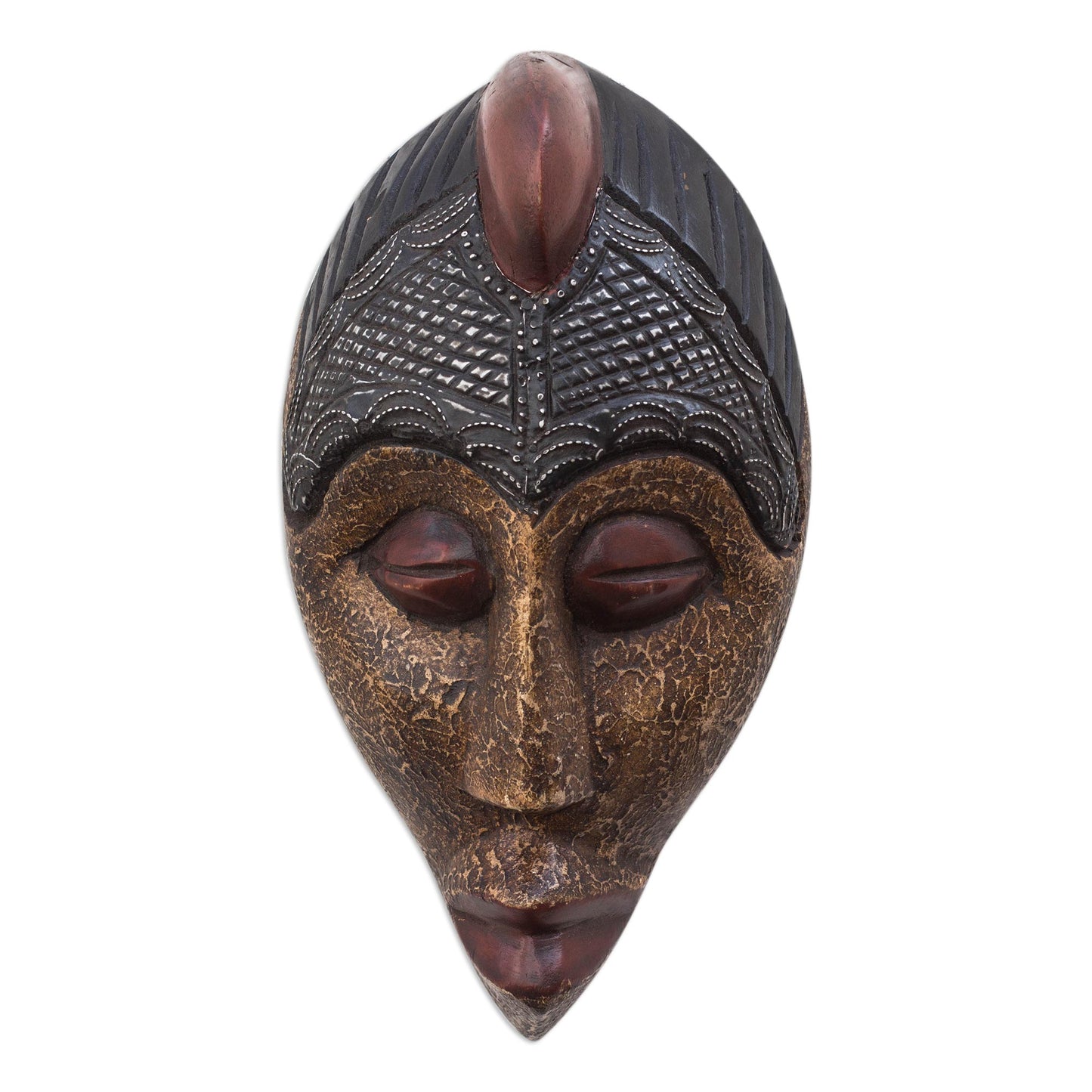 Gleaming Face Brass and Aluminum Accented African Wood Mask from Ghana