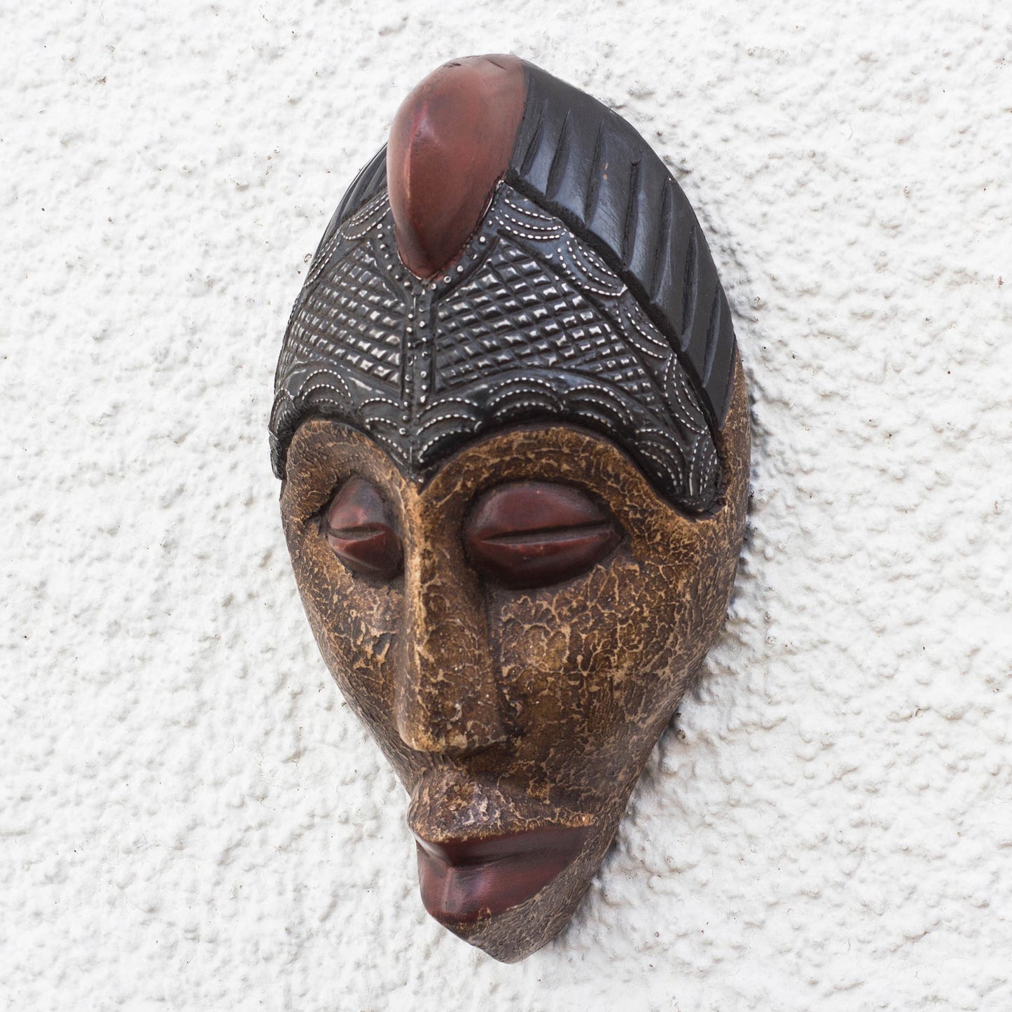 Gleaming Face Brass and Aluminum Accented African Wood Mask from Ghana