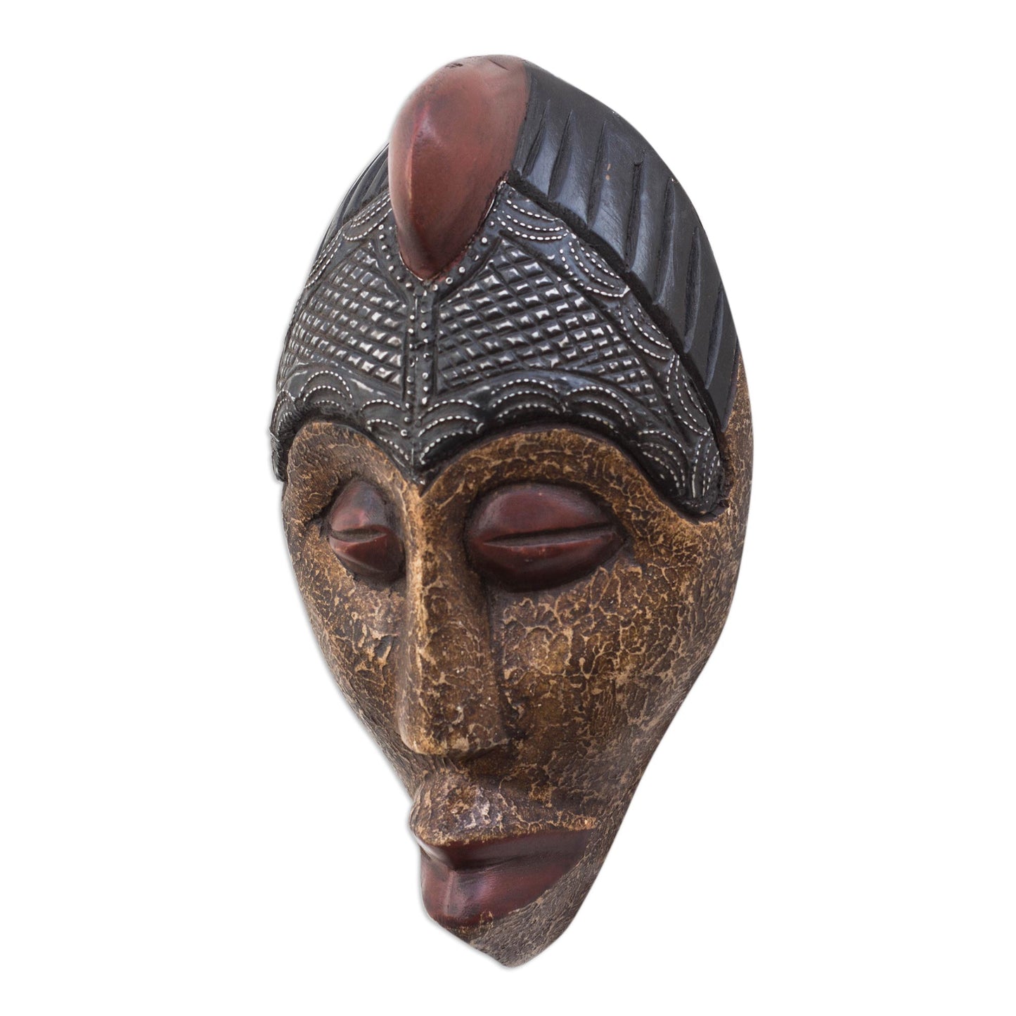 Gleaming Face Brass and Aluminum Accented African Wood Mask from Ghana