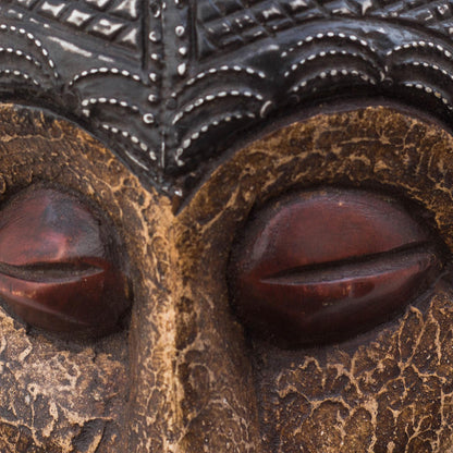 Gleaming Face Brass and Aluminum Accented African Wood Mask from Ghana