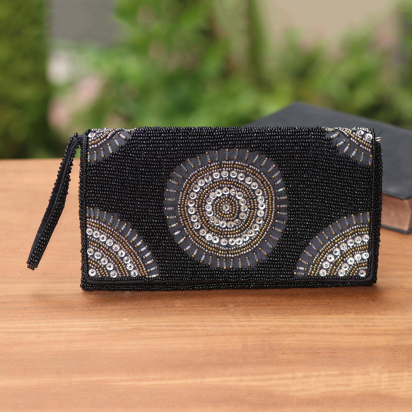 Circle of Beauty in Black Circle Pattern Beaded Clutch in Black from Bali