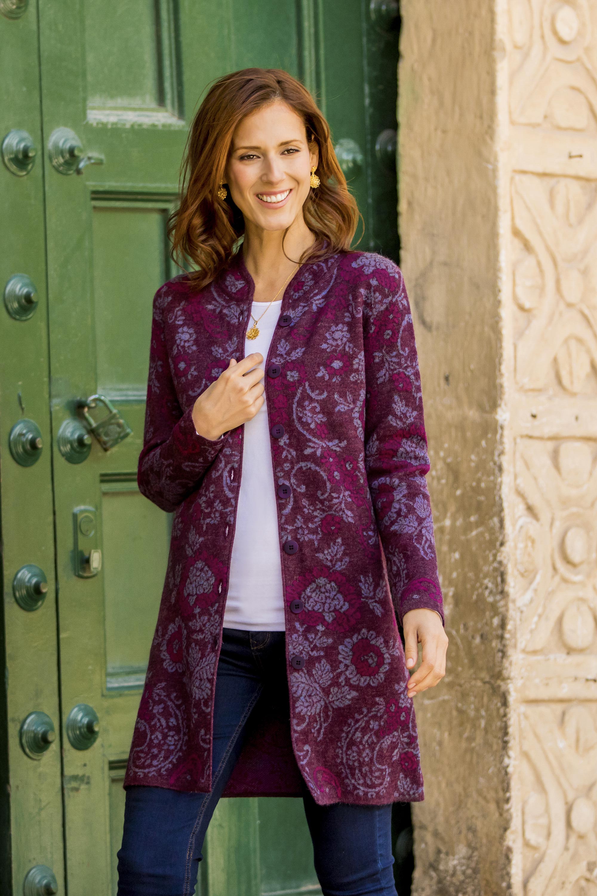 Dream Garden in Maroon Floral 100% Baby Alpaca Cardigan in Dream Garden in Maroon Floral 100% Baby Alpaca Cardigan in
