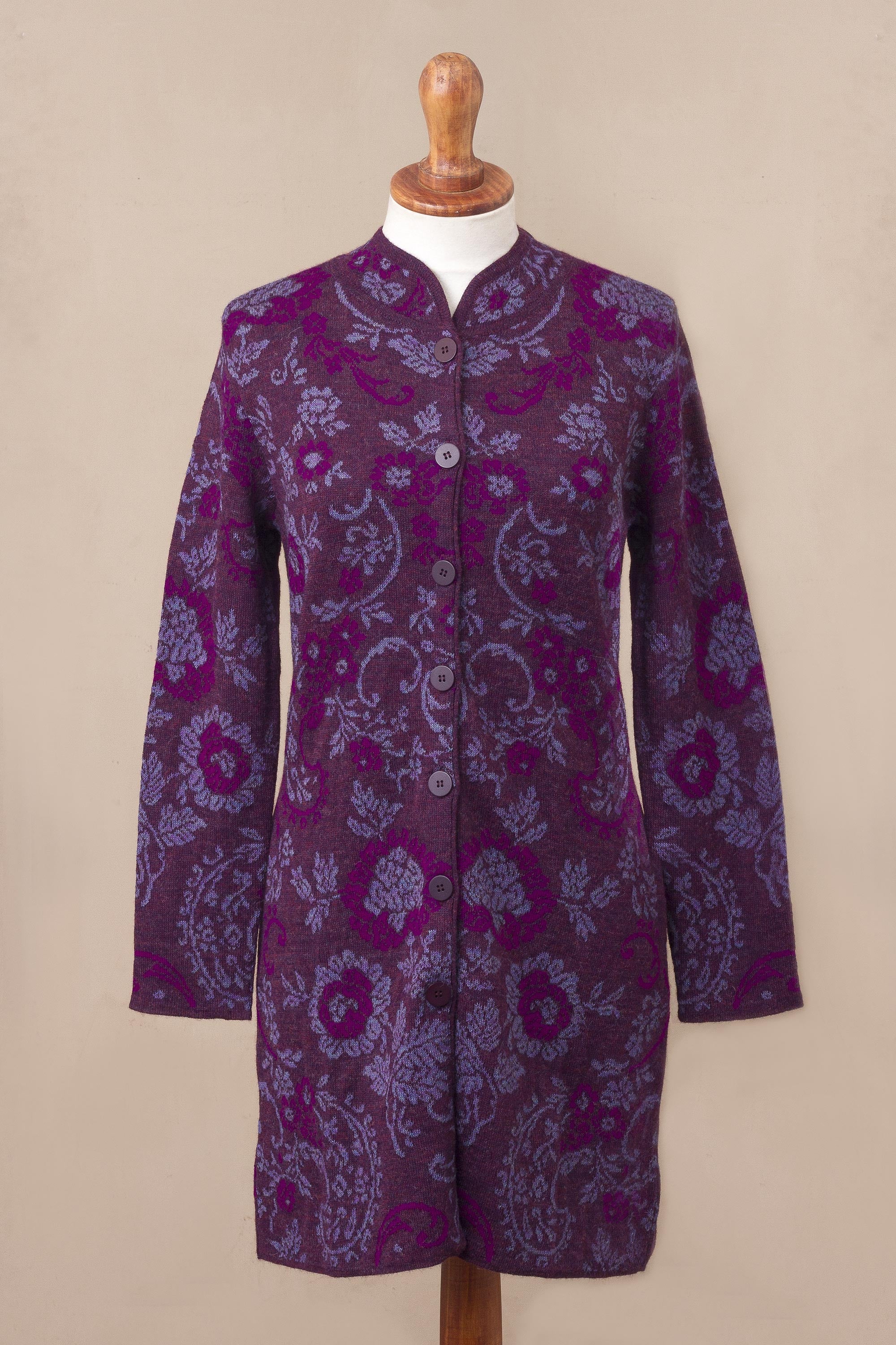 Dream Garden in Maroon Floral 100% Baby Alpaca Cardigan in Dream Garden in Maroon Floral 100% Baby Alpaca Cardigan in