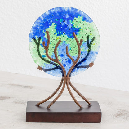 Fruit of Life in Blue Circular Art Glass Sculpture in Blue from El Salvador