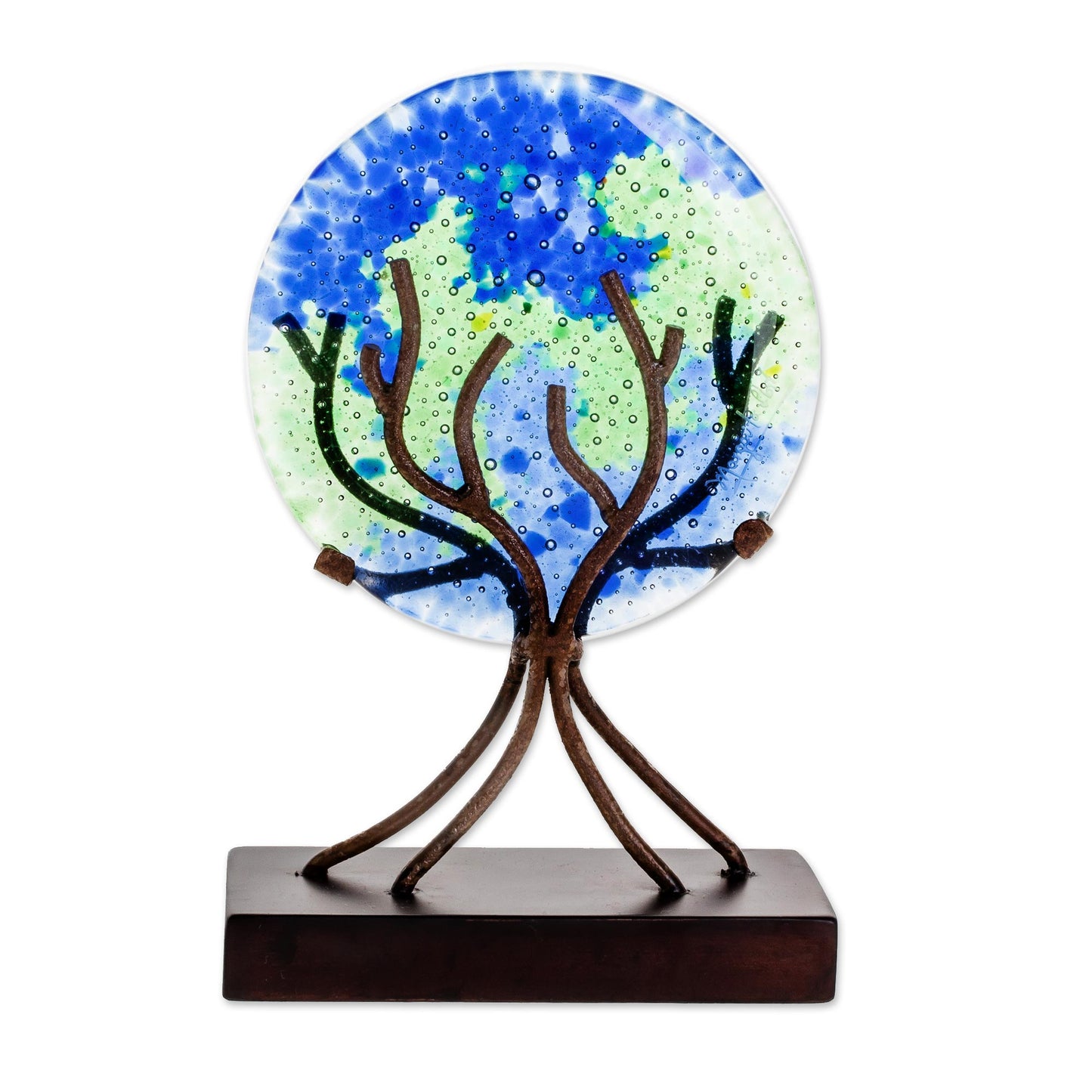 Fruit of Life in Blue Circular Art Glass Sculpture in Blue from El Salvador