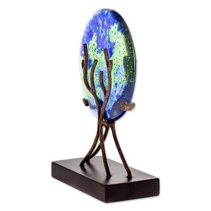 Fruit of Life in Blue Circular Art Glass Sculpture in Blue from El Salvador