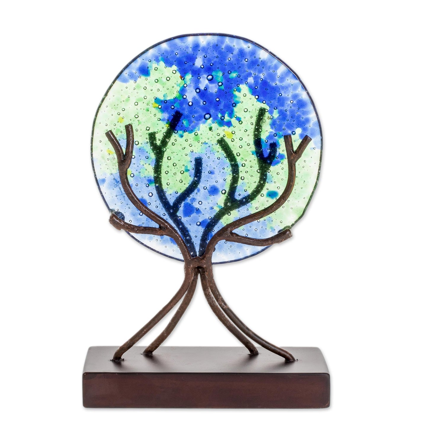 Fruit of Life in Blue Circular Art Glass Sculpture in Blue from El Salvador