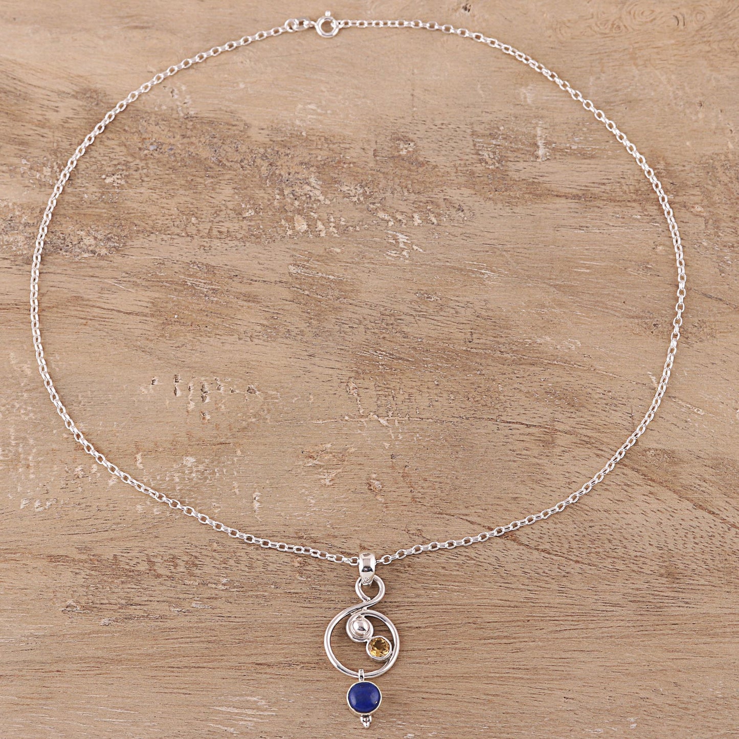 Swirling Royal Lapis Lazuli and Citrine Necklace Crafted in India