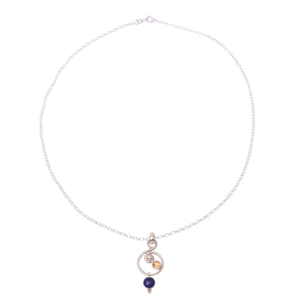 Swirling Royal Lapis Lazuli and Citrine Necklace Crafted in India