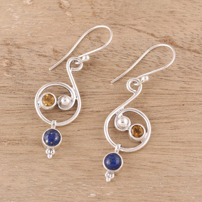 Swirling Royal Lapis Lazuli and Citrine Earrings Crafted in India