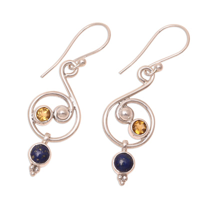 Swirling Royal Lapis Lazuli and Citrine Earrings Crafted in India