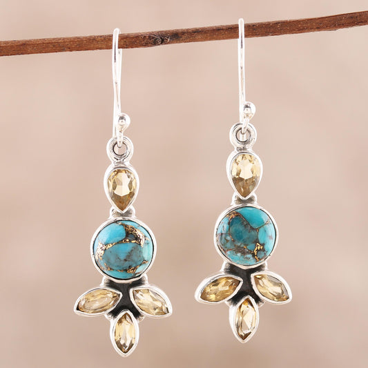 Glimmering Glory Citrine and Composite Turquoise Dangle Earrings from India