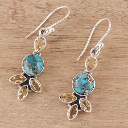 Glimmering Glory Citrine and Composite Turquoise Dangle Earrings from India