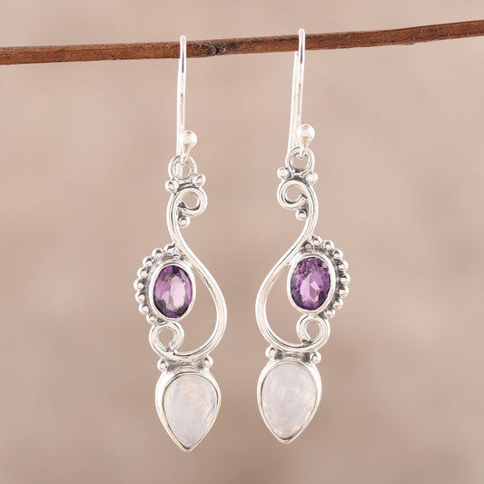 Mystical Swirl Swirl Motif Rainbow Moonstone and Amethyst Dangle Earrings