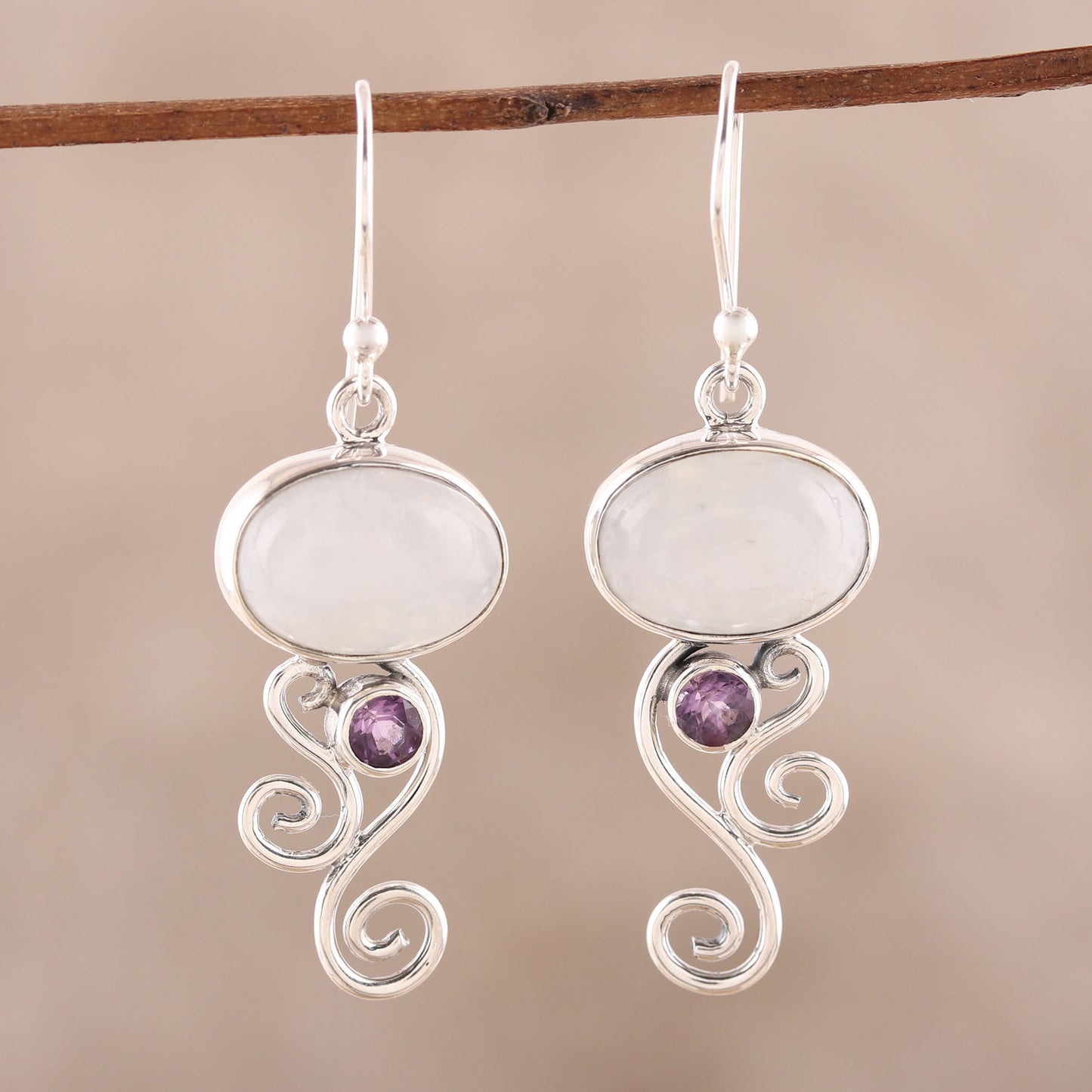 Oval Tendrils Rainbow Moonstone and Amethyst Earrings from India