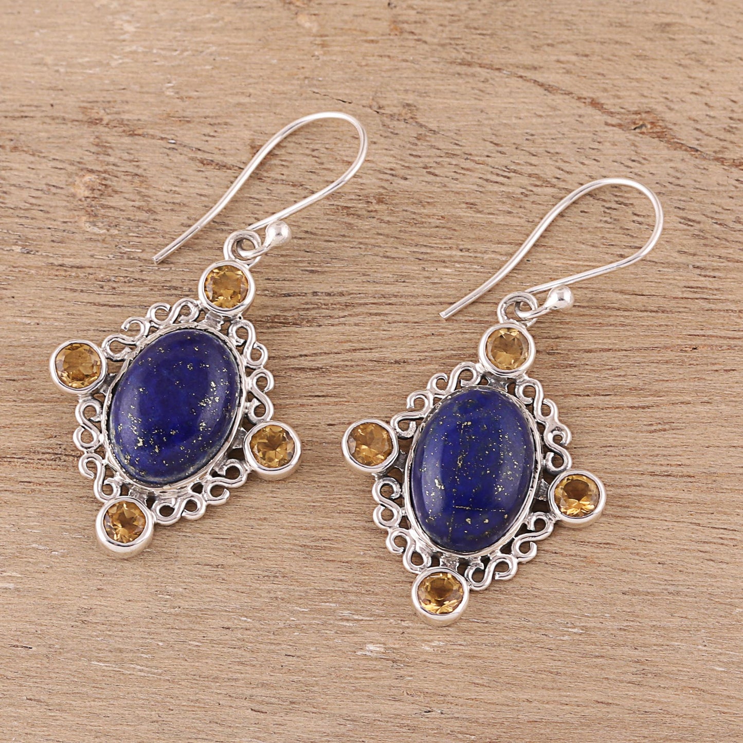 Royal Frame Lapis Lazuli and Citrine Dangle Earrings from India