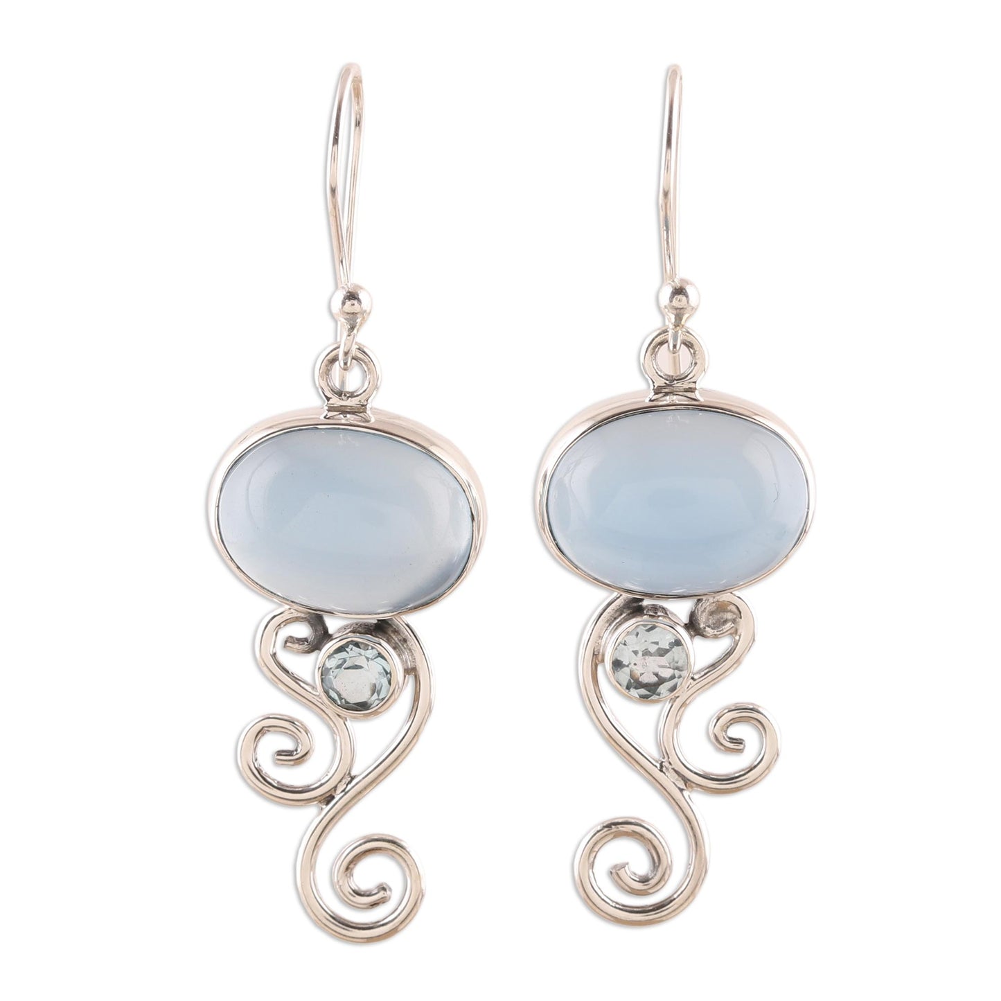 Oval Tendrils Chalcedony and Blue Topaz Dangle Earrings from India