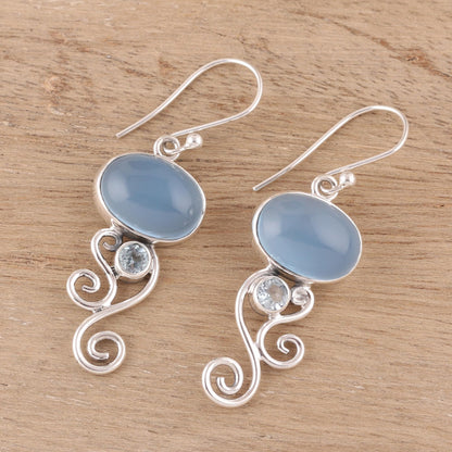 Oval Tendrils Chalcedony and Blue Topaz Dangle Earrings from India