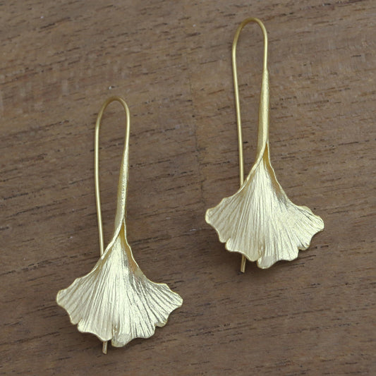 Golden Ginko Leaf Gold Plated Sterling Silver Ginko Leaf Drop Earrings