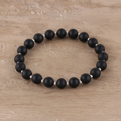 Calm Midnight Black Onyx Beaded Stretch Bracelet from India