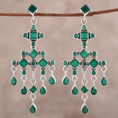 Gemstone Fountain Green Onyx Chandelier Earrings from India