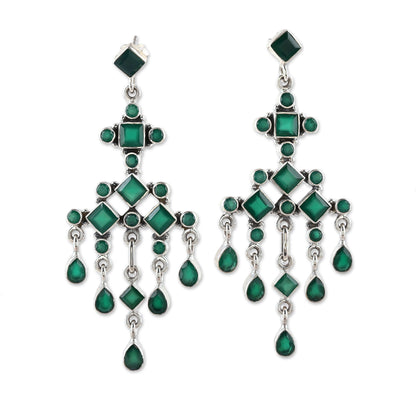 Gemstone Fountain Green Onyx Chandelier Earrings from India