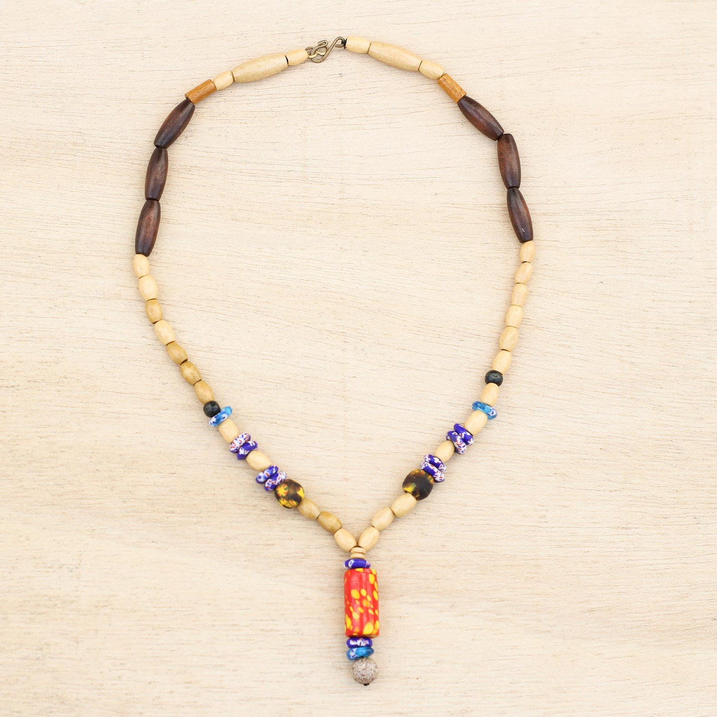 Realm of Beauty Wood and Colorful Recycled Glass Beaded Y-Necklace