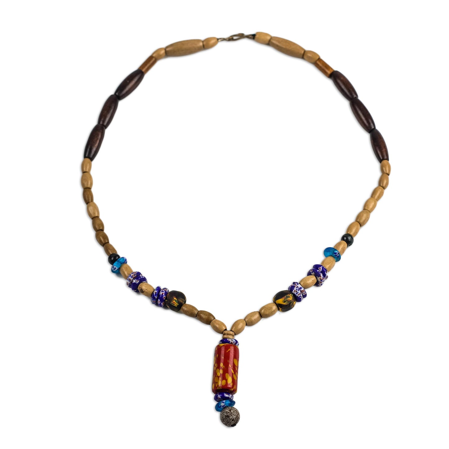 Realm of Beauty Wood and Colorful Recycled Glass Beaded Y-Necklace