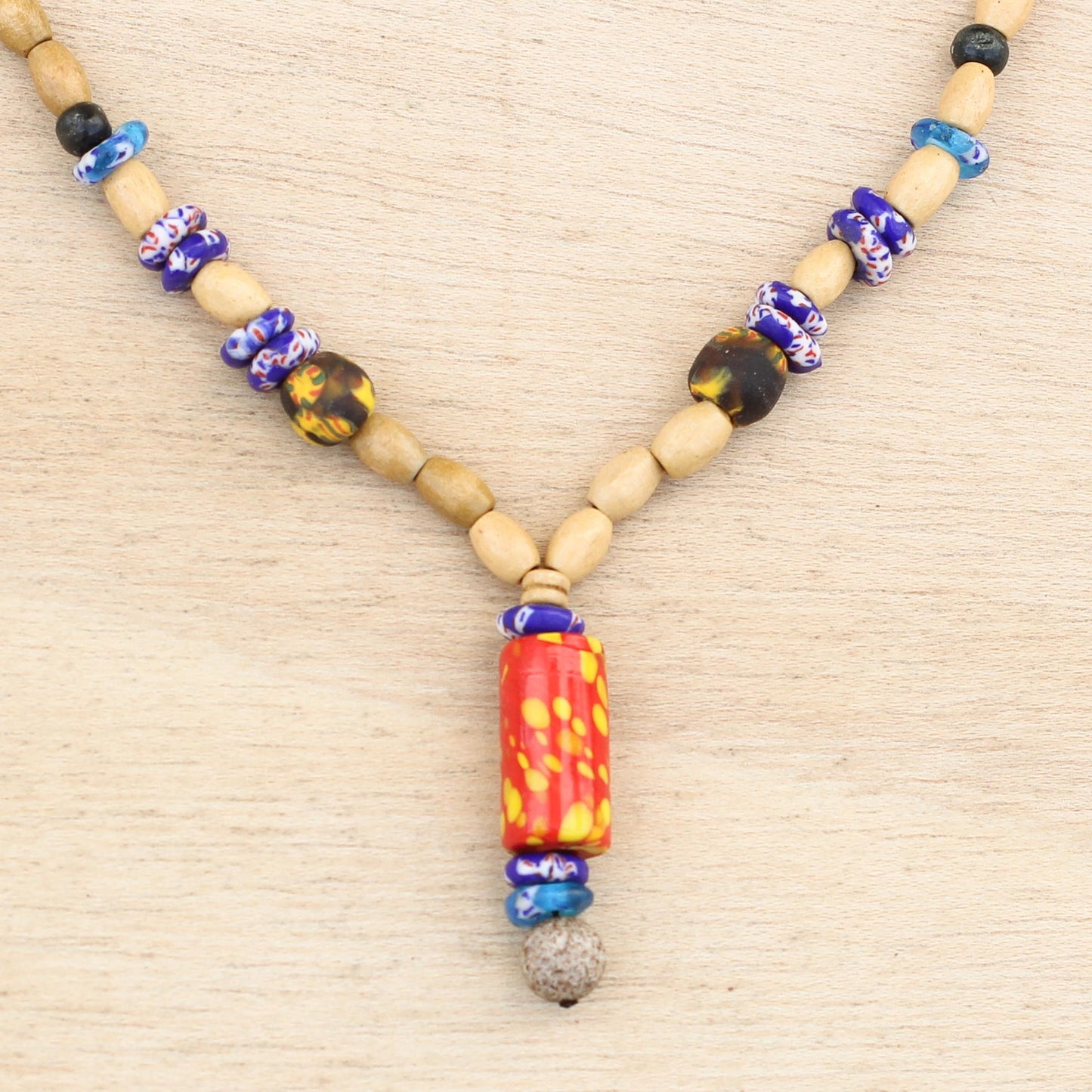 Realm of Beauty Wood and Colorful Recycled Glass Beaded Y-Necklace