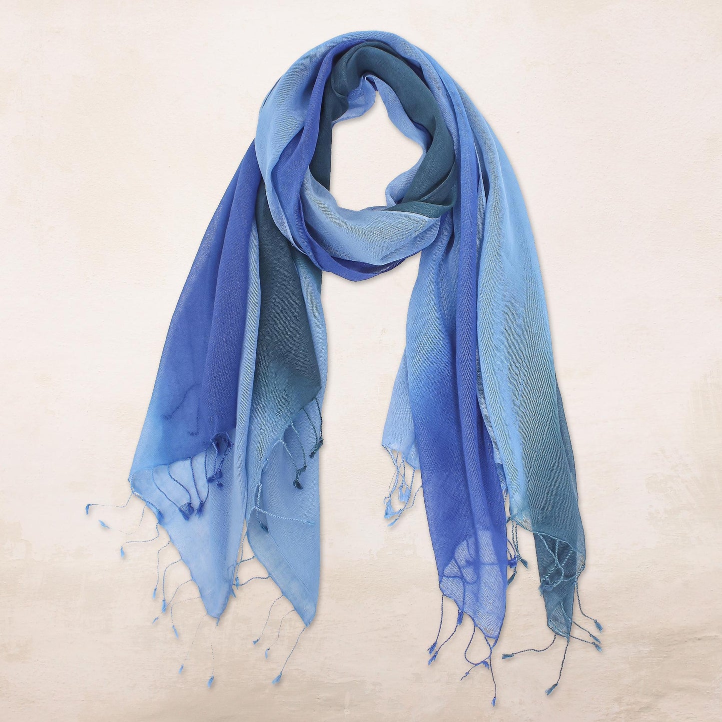 Delightful Breeze in Blue Cotton Wrap Scarves in Blue from Thailand (Pair)