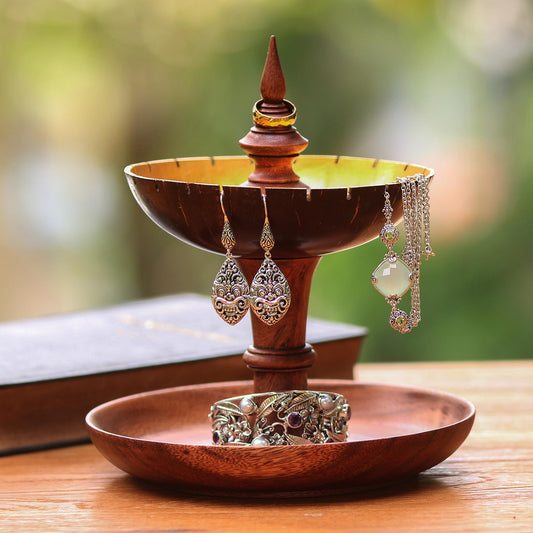 Golden Fountain Suar Wood and Coconut Shell Jewelry Stand from Bali