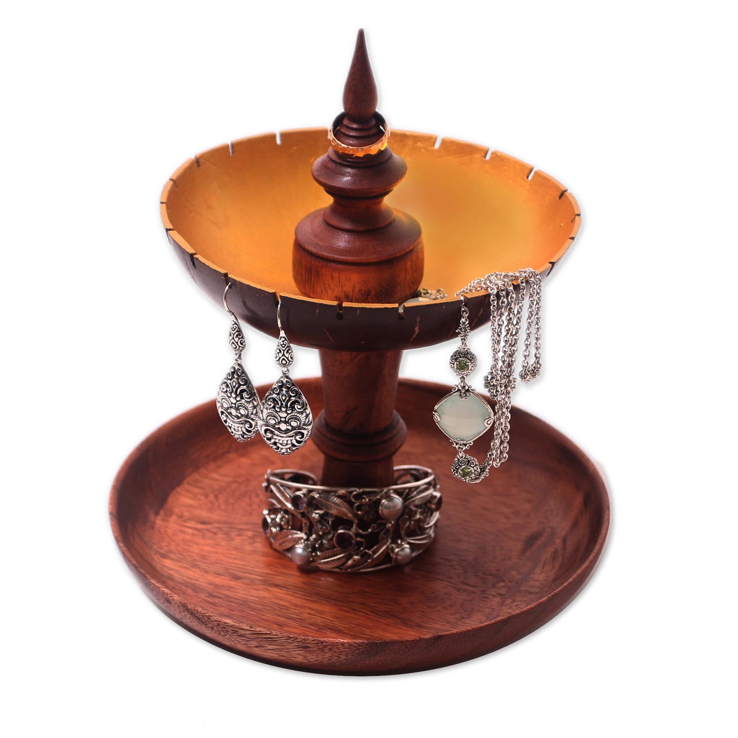 Golden Fountain Suar Wood and Coconut Shell Jewelry Stand from Bali