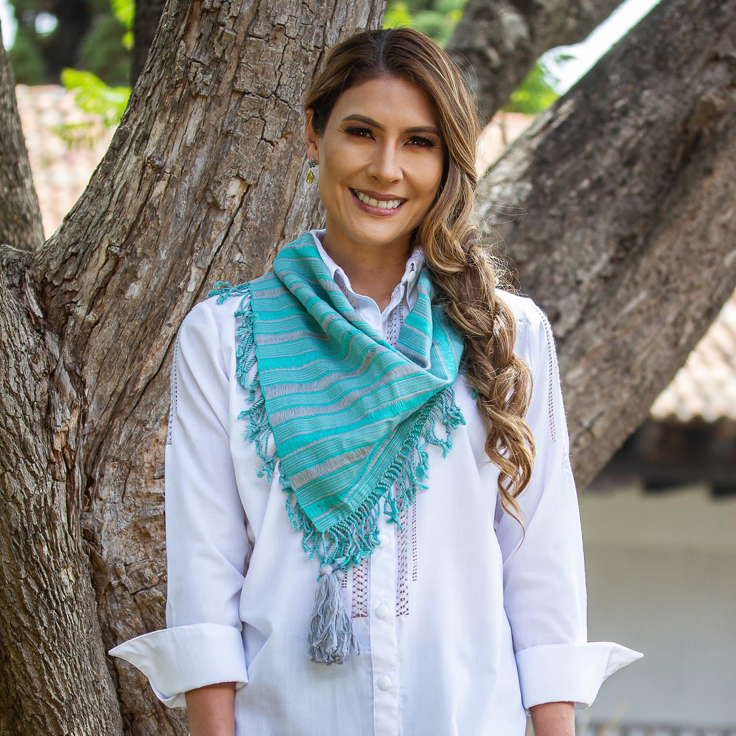 Sweet Stripes in Turquoise Handwoven Cotton Scarf in Turquoise and Smoke from Mexico