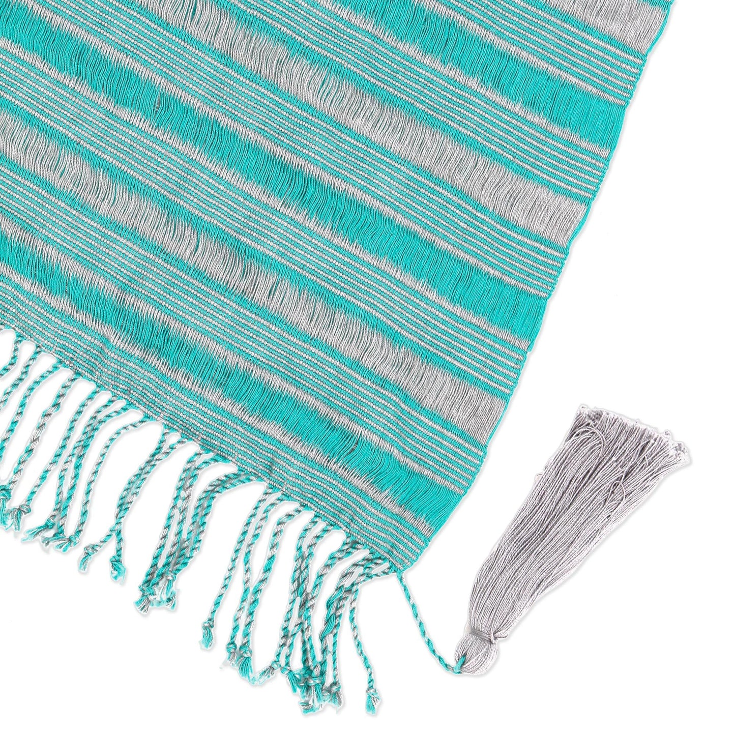 Sweet Stripes in Turquoise Handwoven Cotton Scarf in Turquoise and Smoke from Mexico