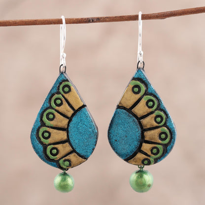 Feather Droplet Hand-Painted Droplet Ceramic Dangle Earrings from India