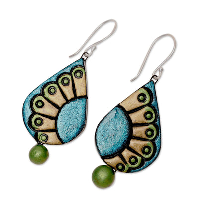 Feather Droplet Hand-Painted Droplet Ceramic Dangle Earrings from India